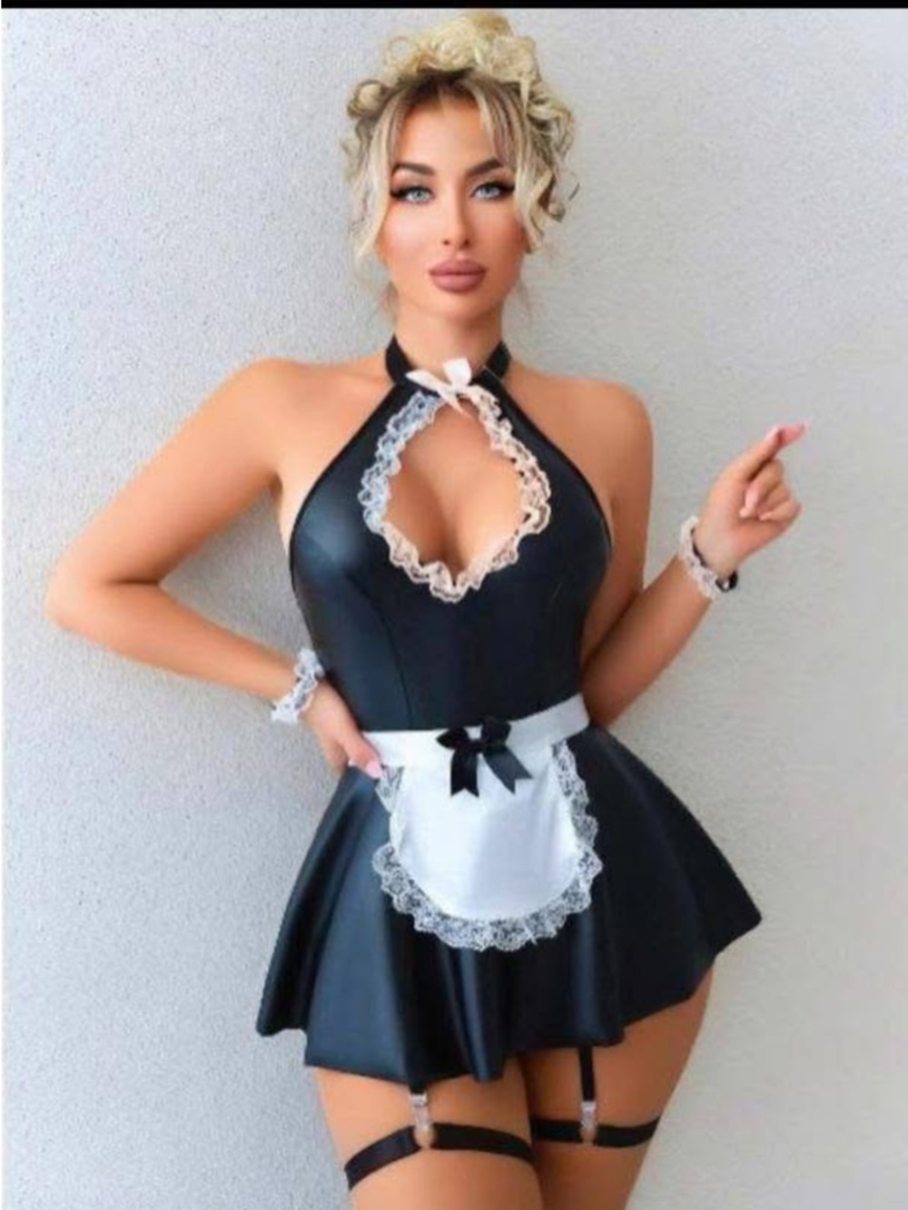 New Faux Leather SEXY FRENCH MAID COSTUME / LINGERIE 7 Piece Set Small